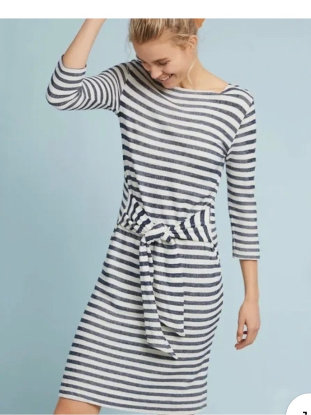 T.La size S Navy and White Striped Tie-Waist Long Sleeve Dress coastal preppy